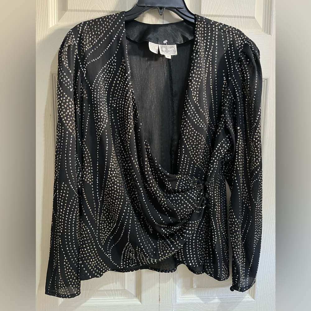 Anne Klein Shiny Long Sleeve Black Wrap Top in Size 12